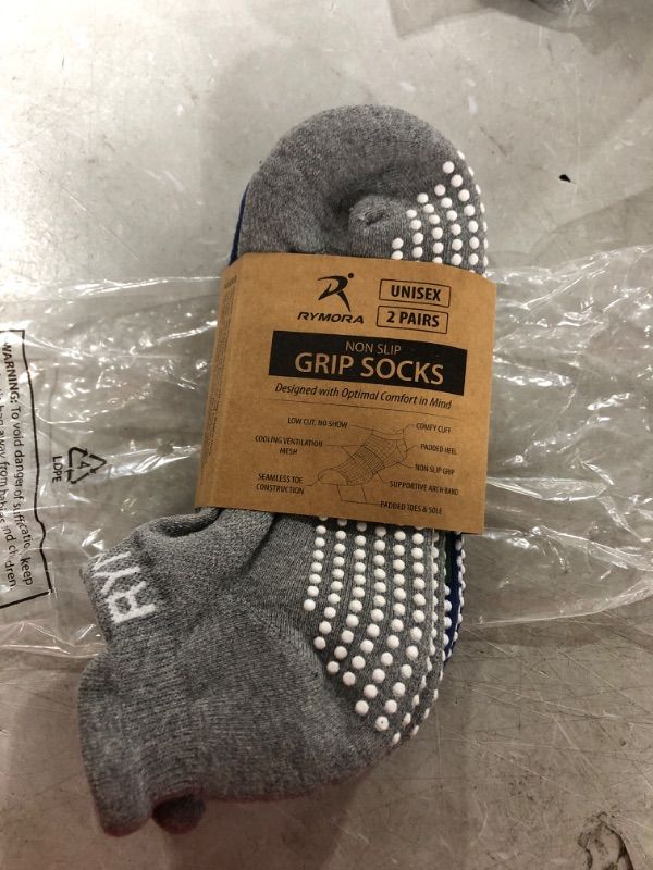 Photo 2 of Rymora Non Slip Grip Socks for Women & Men - Pilates Socks, Yoga Socks - Fall Prevention, Full Toe Ankle Socks (2 Pairs) Small Navy&grey