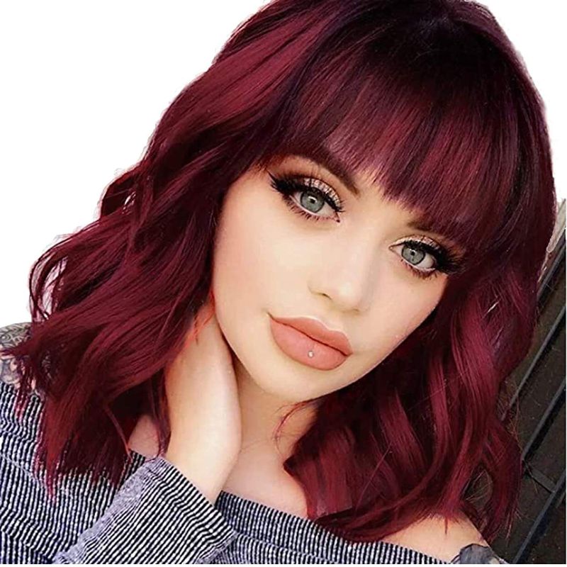 Photo 1 of Burgundy Short Wavy Wigs with Bangs for Women, Wine Red Curly Shoulder Length, Bob Wigs for Women, Heat Resistant Fiber Natural Wigs for Daily Using 