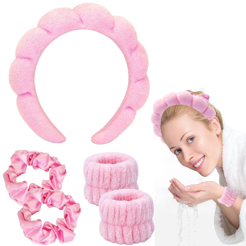 Photo 1 of 2 pc- Spa Headband for Washing Face Sponge Makeup Skincare Headband, Bubble Soft Hairband for Women Girls, Fashion Hair Hoop Puffy Headwear Non Slip Thick Hair Accessory (Pink) 