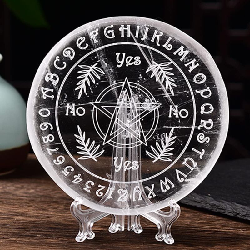 Photo 1 of JIC Gem Transparent Selenite Charging Plate 4" Divination Compass Etched with Display Stand Selenite Slab for Crystal Charging 