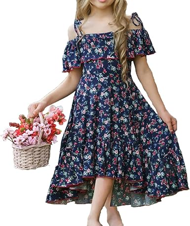 Photo 1 of Bigeoosh Fashion Girls Dress Cold Shoulder Flowers Asymmetrical Ruffled Hem Princess Dress for Kids 3-12 Years