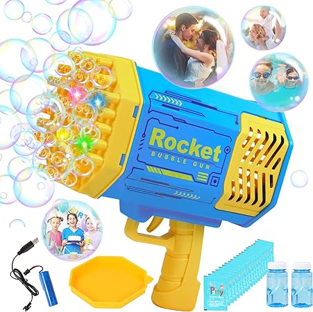 Photo 1 of Bubble Machine Gun, Bazooka Bubble Gun Rocket 69 Holes Soap Bubbles Machine for Toddlers Kids Adults, Bubble Machine with Colorful Lights & Bubble Solution for Parties Wedding Birthday Outdoor Indoor
