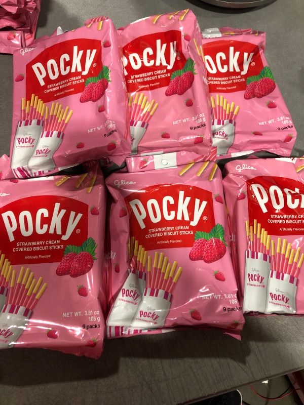 Photo 1 of Glico Pocky, Strawberry Cream Covered Biscuit Sticks, 9 Individual Packs, 3.81 Ounce Bag - 6 Count Display Box
