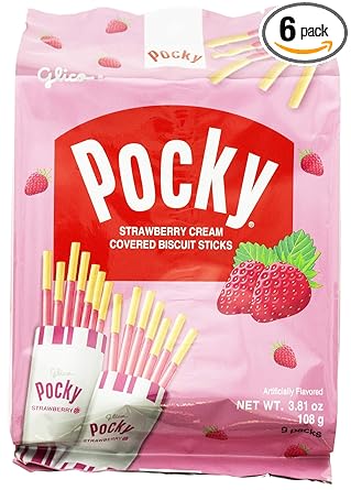 Photo 1 of Glico Pocky, Strawberry Cream Covered Biscuit Sticks, 9 Individual Packs, 3.81 Ounce Bag - 6 Count Display Box
