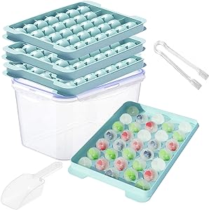 Photo 1 of 4 Pack Small Ice Cube Tray with Lid and Bin, 132x1.1ines Sphere Mini Ice Cube Mold Making Easy for Chilling Drinks Coffee Juice (Updated Blue Ice Trays, Ice Bin & Scoop & Tongs) 