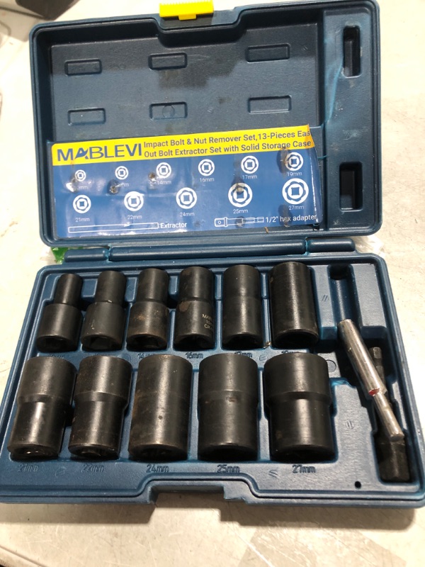 Photo 1 of MABLEVI 13 PCS Bolt Nut Extractor Set, 1/2" Drive Impact Lug Nut Remover Socket Tool with Center Punch Bar for Damaged, Frozen, Studs, Rusted, Rounded-Off Bolts, Nuts & Screws 13-piece