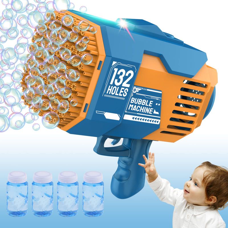 Photo 1 of 132 Holes Bubble Machine Gun - 2023 Upgraded Light Up Bubble Bazooka with Bubble Solution Electric Cannon Gun Blaster Bubbles Maker, Summer Outdoor Toys Gift for Birthday Wedding Party (Blue) 132 Holes Blue