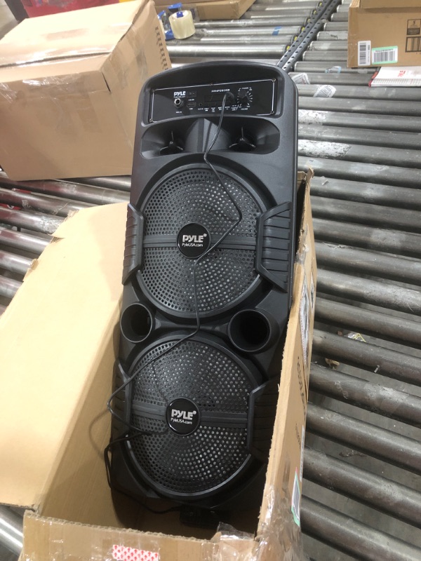 Photo 2 of Pyle Portable Bluetooth PA Speaker System - 600W Rechargeable Outdoor Bluetooth Speaker Portable PA System w/ Dual 8” Subwoofer 1” Tweeter, Microphone In, Party Lights, USB, Radio, Remote - PPHP2835B