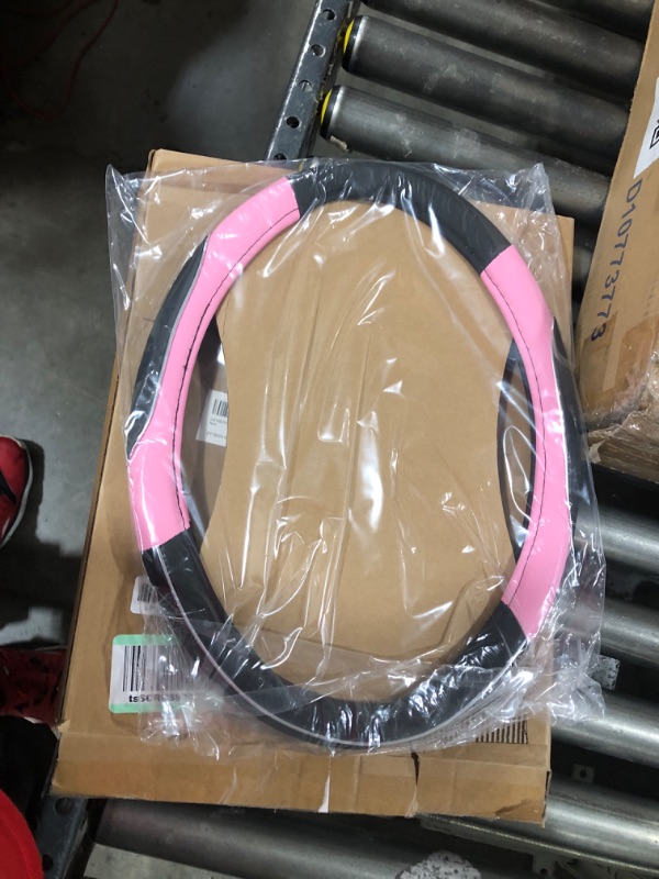 Photo 2 of CAR PASS PVC Leather Rainbow Universal Fit Steering Wheel Cover - Pink Black and Pink Standard[14.5"-15"]