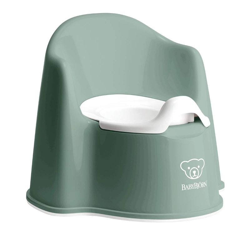 Photo 1 of BabyBjörn Potty Chair With Arm Rest, polypropylene (PP) and thermoplastic elastomer (TPE), Deep Green/White
