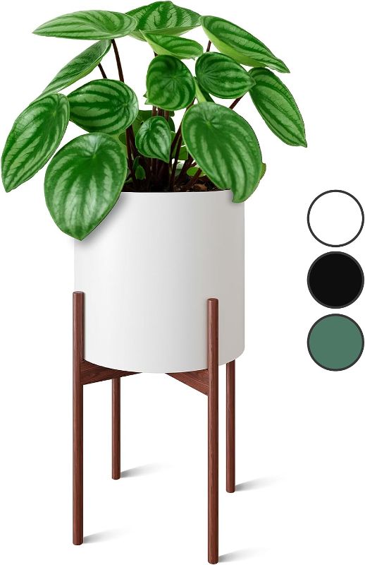 Photo 1 of  Indoor Planter with Stand - 12 Inch Mid Century Plant Stand with Pot - Large Modern Tall Standing Wood Ceramic Pot Plant Holder with Drainage - White