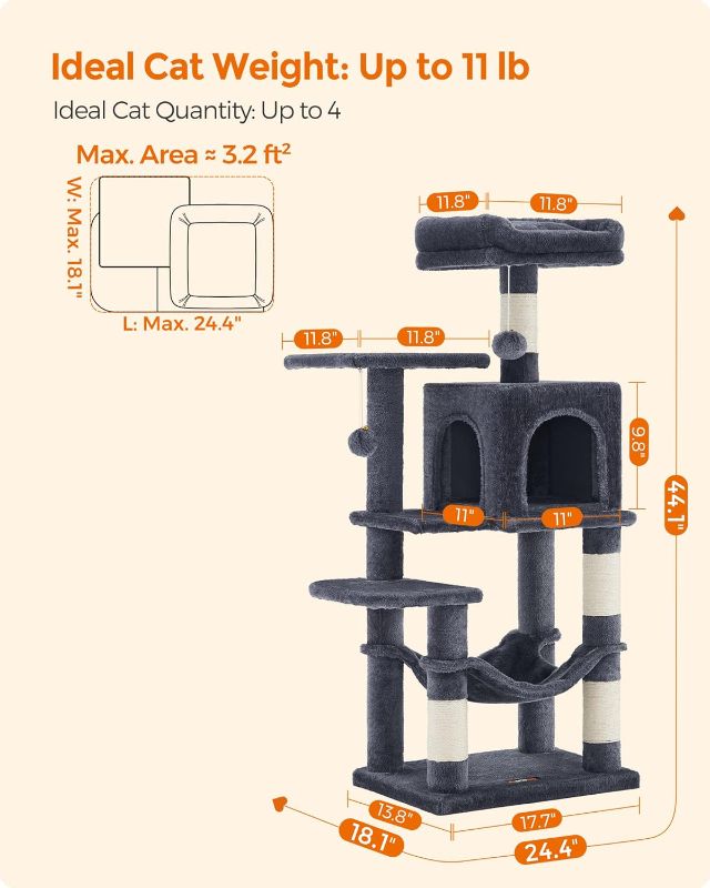 Photo 1 of  Cat Tree, 44.1-Inch Cat Tower for Indoor Cats, Multi-Level Cat Condo with 4 Scratching Posts, 2 Perches, Hammock, Cave, Black  