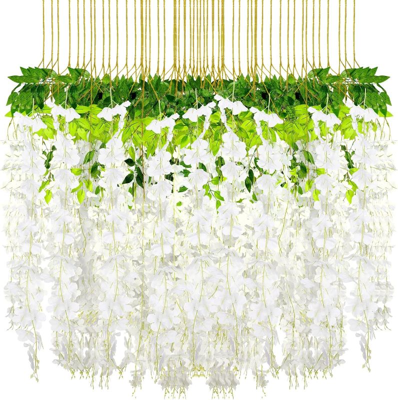 Photo 1 of 108 Pack 43.2 in/ 3.6 ft Artificial Fake Wisteria Hanging Flowers Wisteria Faux Flowers Garland Silk Wisteria Vine Rattan Long Hanging Flowers String for Home Outdoor Wedding Party (Milky) 