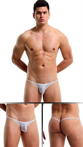 Photo 1 of [Size XL] Malowinda Men's Ice Silk Thong Low Rise Bikini Briefs Underwear- White/Silver