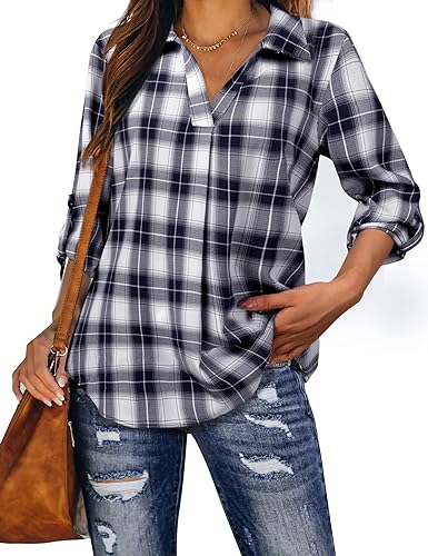 Photo 1 of [Size M] MCKOL Women's Roll Up 3/4 Sleeve Plaid Shirt Casual V Neck Tunic Blouses Tops 