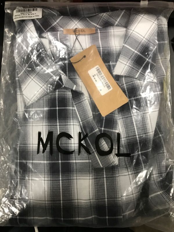 Photo 2 of [Size M] MCKOL Women's Roll Up 3/4 Sleeve Plaid Shirt Casual V Neck Tunic Blouses Tops Dark Blue and White Medium