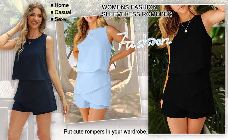 Photo 1 of [Size L] Wihion Womens Sleeveless Rompers Ruffle Short Romper One-Piece Outfits Round Neck Jumpsuits - Light Blue