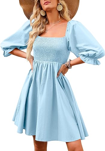 Photo 1 of [Size L] ANRABESS Womens 3/4 Puff Sleeve Square Neck Smocked Babydoll Dress Cute A Line Flowy Short Mini Dress - Sky Blue