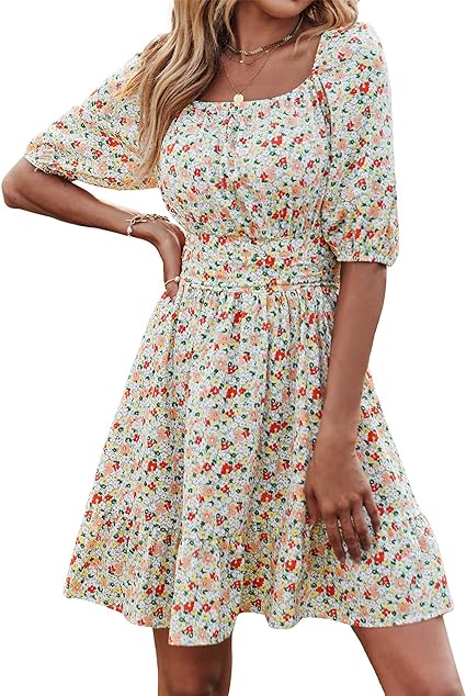 Photo 1 of [Size M- Color Blue] BTFBM Women 2023 Summer Square Neck Short Sleeve Casual Dress Tie Back Floral High Waist Ruffle Beach Aline Mini Dresses
