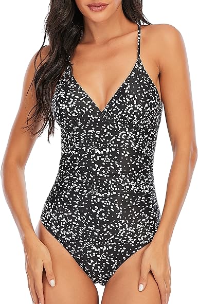 Photo 1 of [Size L] BONIEE Women's One Piece Padded Swimsuit Athletic Tummy Control V Neck Swimwear Stripe Cross Bathing Suits Large Black-Dalmatian Print