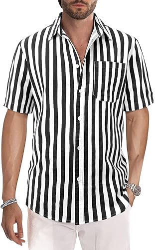 Photo 1 of [Size L] YRW Men's Casual Short Sleeve Button Down Striped Shirt Regular Fit Beach Yoga Work Fashion Shirts for Men 