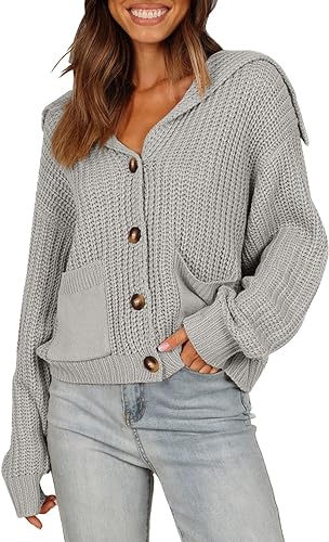 Photo 1 of [Size S] Theenkoln Women Knit Cardigan Sweater - Long Sleeve Button Pullover V Neck Cropped Jumper Tops with Pockets Gray