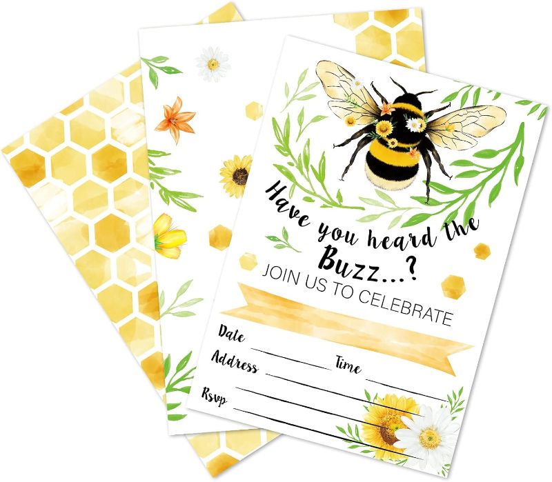 Photo 1 of WERNNSAI Bee Themed Party Supplies - 20 Sets Bee Party Invitation with Envelopes for Kids Girls Birthday Baby Shower Double-sided Printed Fill in Blank Bumblebee Invite Cards