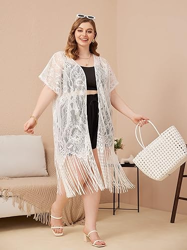 Photo 1 of Cozyease Women's Plus Size Lace Fringe Trim Cover Up Short Sleeve Open Front Long Beach Kimono Cardigan for Swimwear Large Plus White