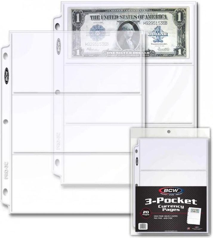 Photo 1 of BCW Pro 3-Pocket Currency Pages | Pocket Size 3-5/8" x 8-1/16" | 20-Pages Total 