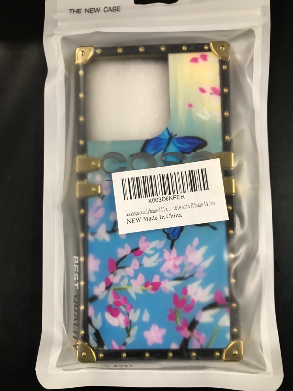 Photo 1 of Goodsprout iPhone 14 Pro Case,Blue Butterfly Flower Pattern Design Luxury Golden Decoration Square Soft TPU Shockproof Protective Hard PC Back Compatible with iPhone 14 Pro