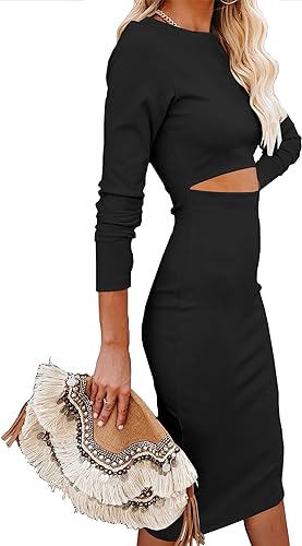 Photo 1 of [Size L- Color Pink] CMDVZLLZ Women’s Crew Neck Long Sleeve Cut Out Midi Dresses Medium- Pink