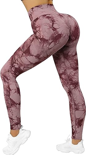 Photo 1 of [Size M] OMKAGI Women Scrunch Butt Lifting Leggings Seamless High Waisted Workout Yoga Pants- Red Wine Tie Dye