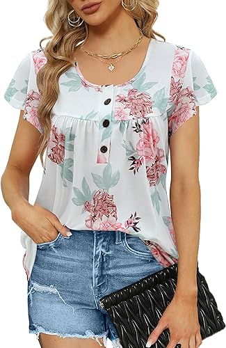Photo 1 of [Size L] Hellopopgo Womens Hawaiian Summer Tshirts Short Ruffle Sleeve Tuincs Blouses for Pleated Floral Work Tops 
