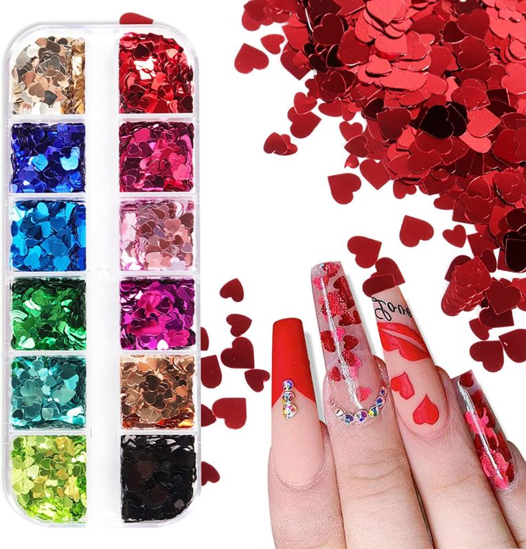 Photo 1 of 12 Grids 3D Heart Nail Glitter Sequins Holographic Laser Heart Nail Art Decals Love Nail Stickers Valentines Day Nail Glitter Flakes Red Silver Rose Gold Heart Glitter Design Nail Art Decoration
