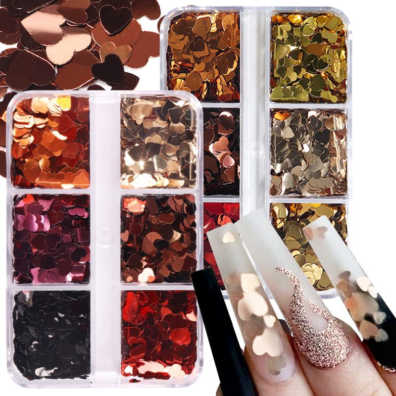 Photo 1 of 6 Grids 3D Heart Nail Glitter Sequins Holographic Heart Nail Art Stickers Love Valentines Nail Decals Red Rose Gold Heart Glitter for Nails Designs Charms Nail Sparkle Glitter for Valentine's Day