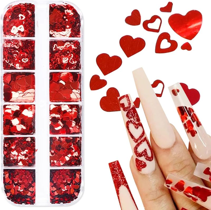 Photo 1 of 12 Grids Red Heart Nail Glitter Sequins 3D Heart Nail Art Stickers Love Nail Decals Valentine's Day Nail Glitter Flakes Heart Glitter Nail Designs for Acrylic Nails Decorations Nail Heart Glitter
