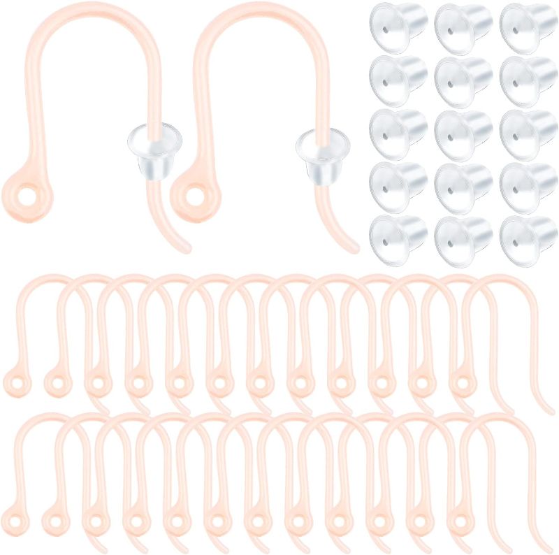 Photo 1 of 100pcs Plastic Earring Hooks Golden Pink Earwire with Loop French Fish Hooks and 100pcs Clear Bullet Earring Stoppers Earring Parts for DIY Jewelry Making Craft Supplies