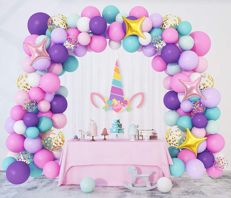 Photo 1 of Amandir 138pcs Unicorn Balloons Arch Garland Kit, Unicorn Birthday Party Decorations for Girls Confetti Light Purple Aqua Blue Pink Balloons Set Wedding Baby Shower Party Supplies