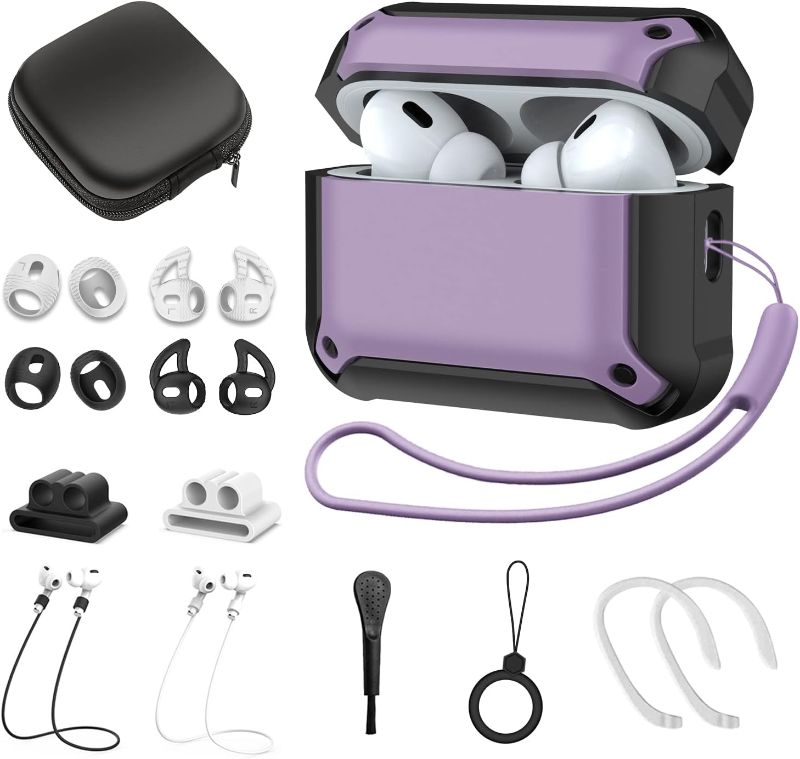 Photo 1 of [14 in 1 Set] for AirPods Pro 2nd Generation Case Cover, Silicone Airpod Pro 2 Case Cover for Men Women with Lanyard, Shock-Absorbing Protective Case for AirPods Pro 2nd Generation 2022 - Purple