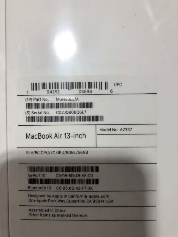 Photo 7 of Apple 2020 MacBook Air Laptop M1 Chip, 13" Retina Display, 8GB RAM, 256GB SSD Storage, Backlit Keyboard, FaceTime HD Camera, Touch ID. Works with iPhone/iPad; Silver 256GB Silver---BRAND NEW, FACTORY SEALED, BOX DAMAGE , OPENED FOR PICTURES AND TEST