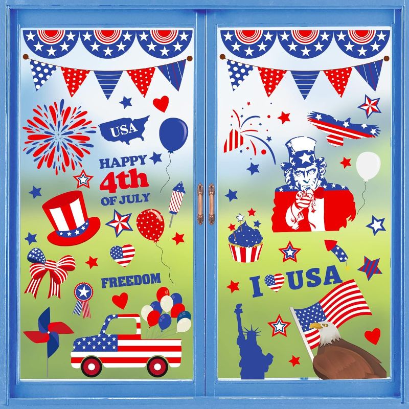 Photo 1 of 163 Pcs 4th of July Window Clings Patriotic Window Clings Stickers with USA Flag, Star, Heart for Fourth of July Window Decorations (12 Sheets) https://a.co/d/2gwYKcd