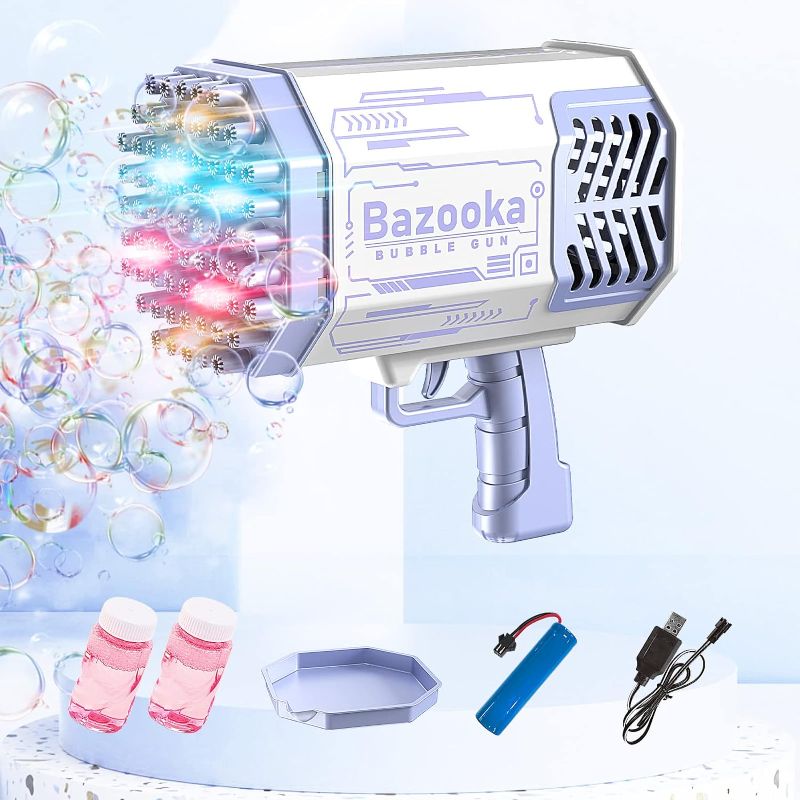 Photo 1 of Bubble Machine Gun, 69 Holes Bubbles Machine, Bazooka Bubble Gun with Lights/Bubble Solution for Adults Kids, Summer Toy Gift for Outdoor Indoor Wedding Birthday Party - Blue Bubble Maker (Purple)