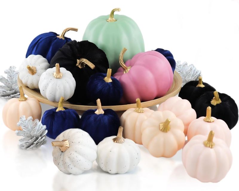 Photo 1 of 20 PCS Velvet Pumpkins for Decorating, Blue Pink Black White Foam Artificial Pumpkins for Fall Table Decor, Rustic Fall Harvest, Pumpkin Decorations for Thanksgiving, Home Table Centerpieces, Wedding 