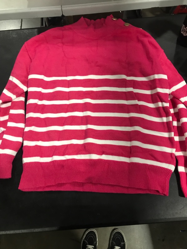 Photo 2 of Asvivid Striped Turtleneck Button Knit Sweaters for Women Lightweight Long Sleeve Knit Pullover Jumper Tops Large H Pink