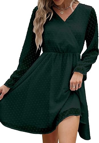 Photo 1 of Bydezcon Women's Long Sleeve Wrap V Neck Swing Ruffle Dots Mini Dress