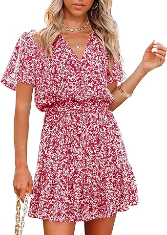 Photo 1 of Chang Yun Floral Summer Dress for Women Short Sleeve Wedding Guest Dresses Boho Sun Short Square Neck Mini Dress 