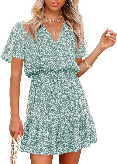 Photo 1 of Chang Yun Floral Summer Dress for Women Short Sleeve Wedding Guest Dresses Boho Sun Short Square Neck Mini Dress 