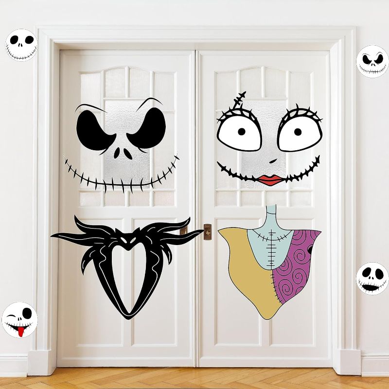 Photo 1 of 4 Sheets Halloween Door Stickers Decor Halloween Jack Skellington Door Stickers Large Jack Skellington Stickers Decals for Halloween Door Window Refrigerator Decorations