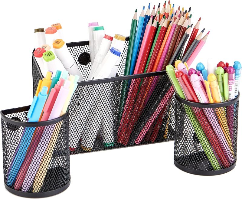 Photo 1 of (3 Pieces) Magnetic Drawer Organizers Pencil Holder 2 Compartments and 2 Pcs Semicircle Pencil Caddy, Extra Strong Magnets Pen Holder for Whiteboard, Refrigerator, Supplies School Office, Black 