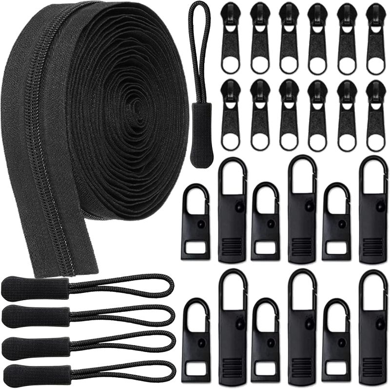 Photo 1 of #5 Zipper for Sewing Supplies-Zipper Replacement Repair Kit with 12 Sliders 12 Metal Pulls 5 Plastic Pulls-Zipper Sewing Assorted Lengths for Jacket Bag Craft DIY-5 Yard Black Bulk Tape Nylon Zipper
